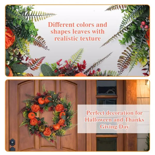 18" Autumn Harvest Wreath with Pumpkins, Berries & Fall Leaves - Front Door Decor
