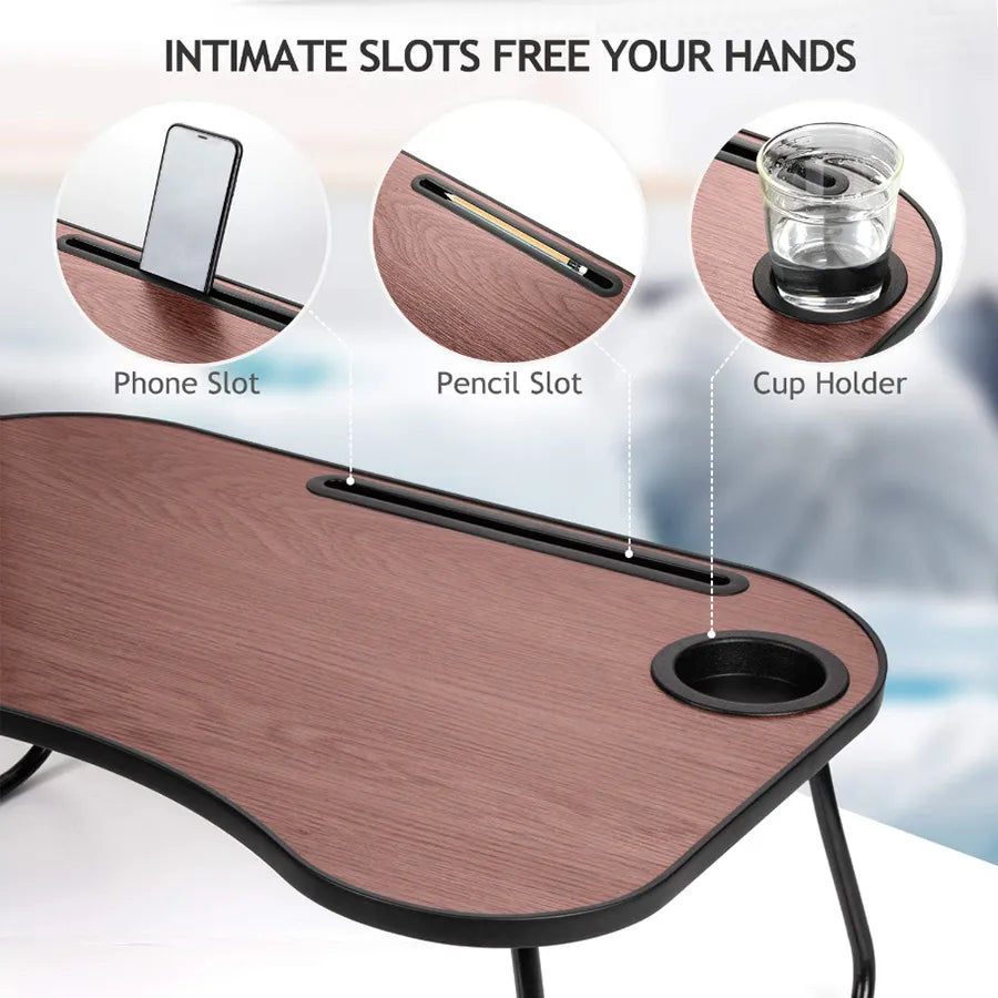 Foldable Wooden Laptop Lap Desk for Bed and Couch with Cup Holder, Black Walnut