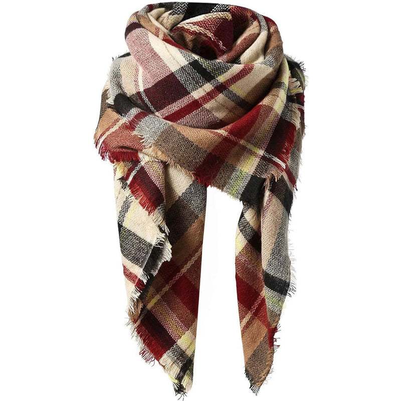 Women's Red Plaid Tassel Blanket Scarf 59x59in, Soft Warm Winter Shawl Wrap