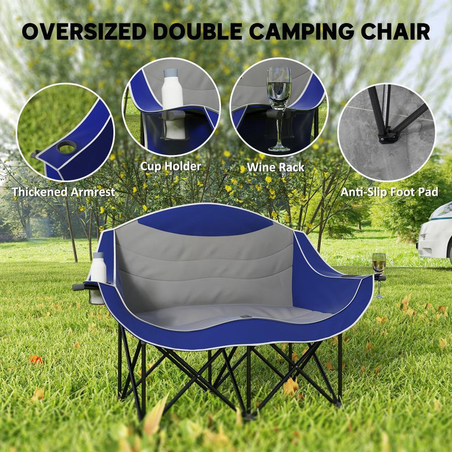 Padded Folding Double Camp Chair – 551 lb Capacity, Blue, Armrests, Cup Holders