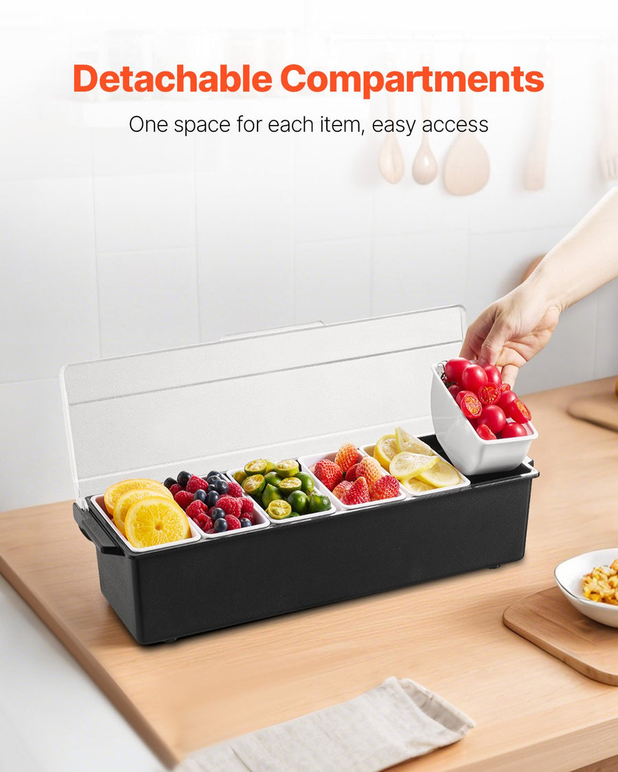 6-Compartment Chilled Serving Tray with Lid - Ice-Cooled Condiment & Fruit Server for Parties