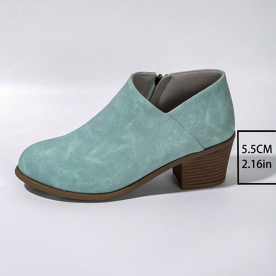 Women's Chunky Heel Round Toe Ankle Boots with Side Zipper, Fall Winter Booties