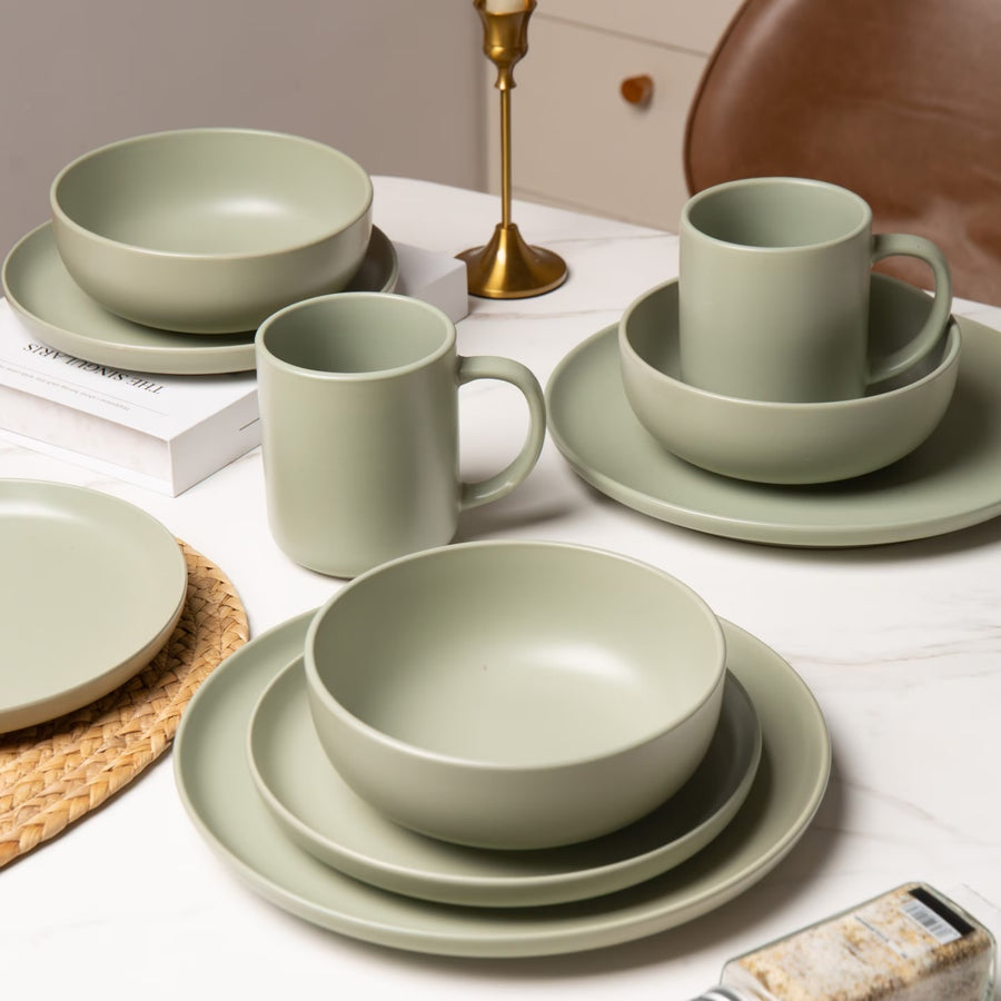 12-Piece Matte Stoneware Dinnerware Set with Mugs - Plates, Bowls & Mugs, Microwave & Dishwasher Safe