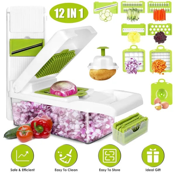 12-in-1 Vegetable Chopper with Container - Food Slicer, Dicer & Grater Kitchen Set