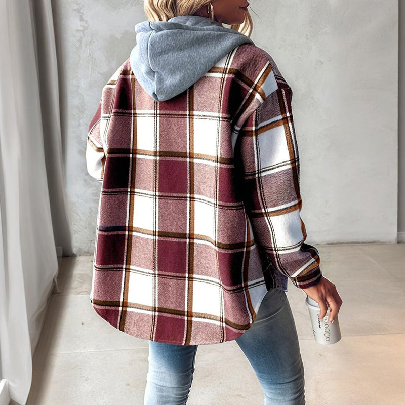 Women's Hooded Plaid Shacket Button Down Drawstring Shirt Jacket with Pockets