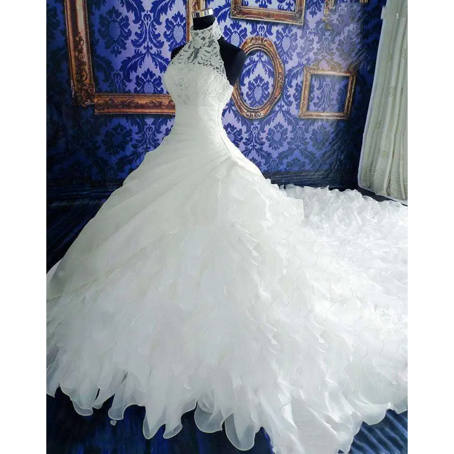 High-End Ruffled Wedding Dress with Train