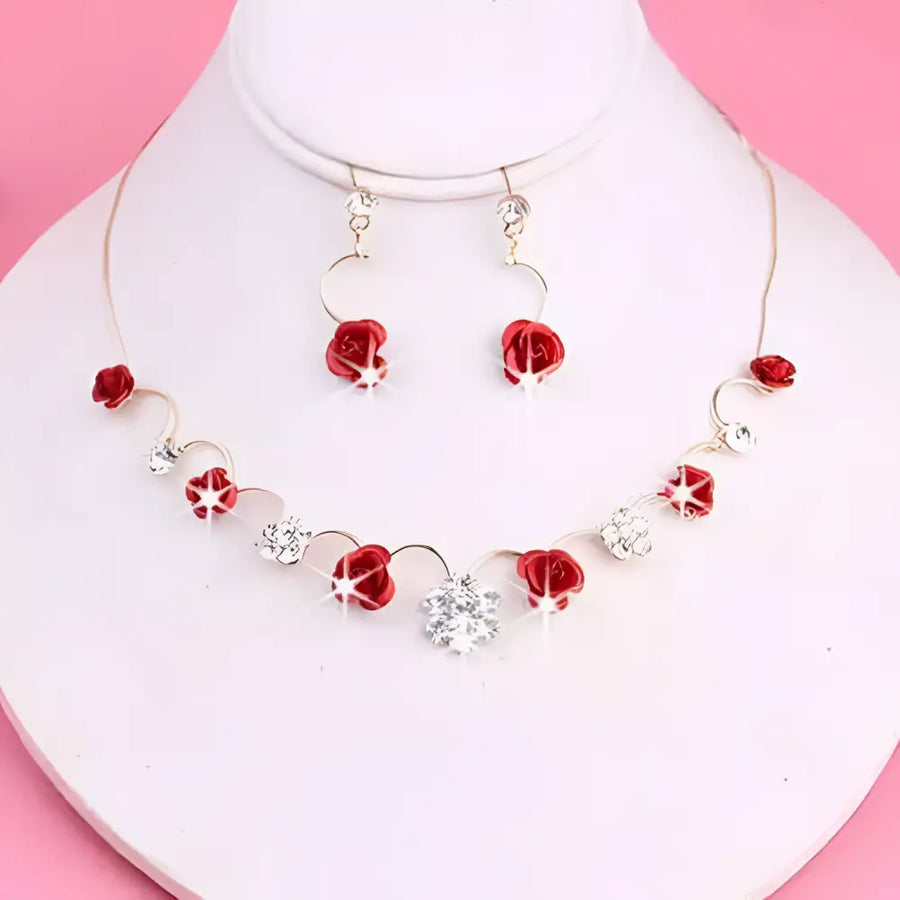 Korean Small Clear Bride Red Rose Necklace and Earrings