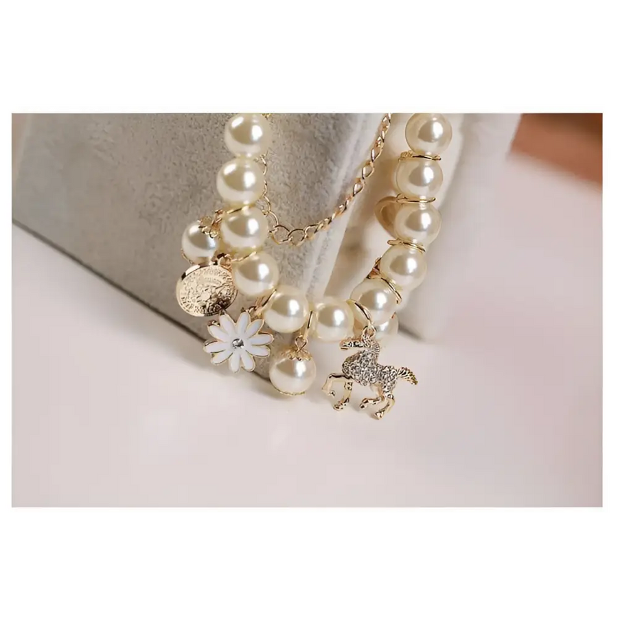 Marineparel Bloemen Armband met Gouden Paard Hangertje