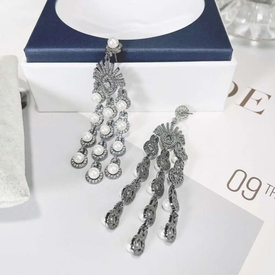 Silver Pearl Micro Inlay Zircon Style Beaded Fringe Earrings