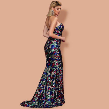 A shimmering multicolored sequin evening dress with blue red green and silver mosaic details for 2026 events