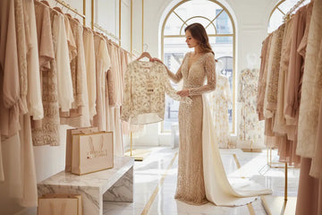 A woman in a gold sequined gown holds an ivory embroidered blouse beside beige lace dresses for affordable luxury beauty.