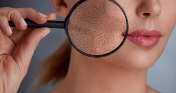 A black handled magnifying glass examining dry cracked skin in an article about skincare gift sets for healthy skin.