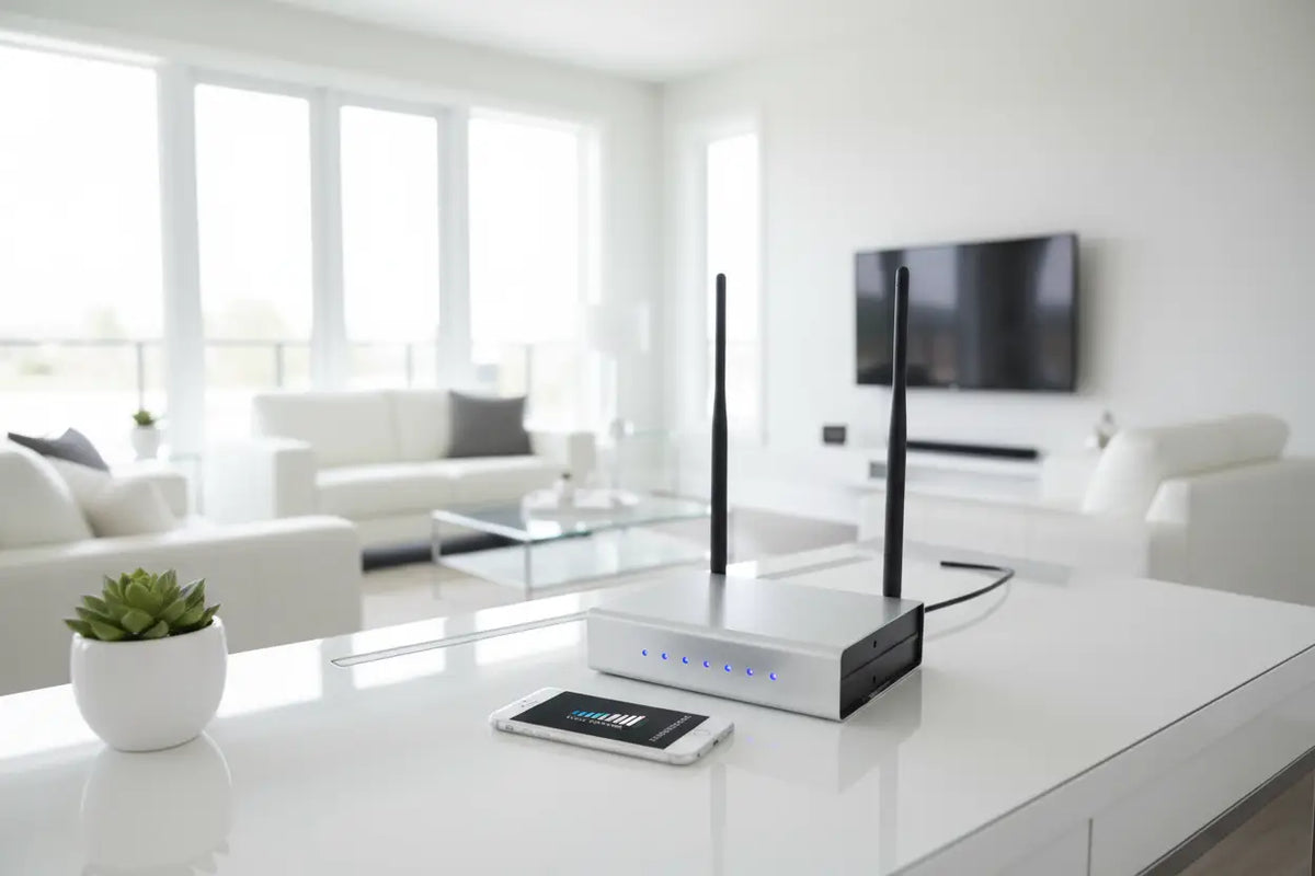 Silver rectangular wireless router with two black antennas and blue led lights for mobile signal booster use