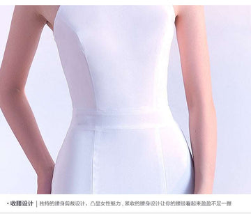 A sleek white satin wedding dress with a fitted waistband perfect for bridal party and flower girl looks.