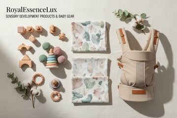 Beige ergonomic baby carrier with tan leather straps and mesh paneling from royalessencelux sensory development collection