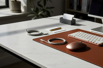Rose gold wireless mouse with sleek ergonomic design on brown leather mat in royalessencelux computer accessories collection
