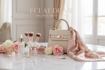 Beige leather handbag with rose gold hardware and matching scarf from royalessencelux luxury women’s fashion collection