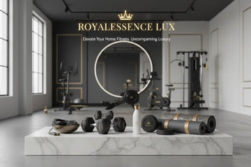 White water bottle with gold cap and crown logo in RoyalEssenceLux home gym essentials for fitness goals.