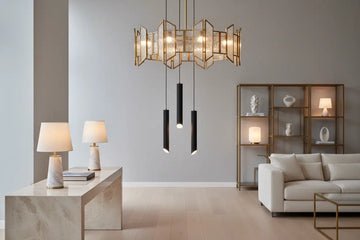 Geometric gold-framed chandelier with textured glass panels and black cylindrical pendants from RoyalEssenceLux modern lighting fixtures.