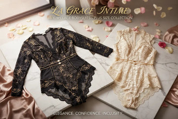 Black and gold plus size lace bodysuit with long sleeves and intricate floral embroidery from RoyalEssenceLux collection