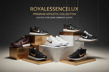 Black nike premium athletic shoe with rose gold swooshes and white midsoles on marble pedestal royalessencelux nike game collection
