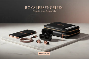 Black and rose gold wireless earbuds with sleek glossy finish in open case from premium electronics accessories collection