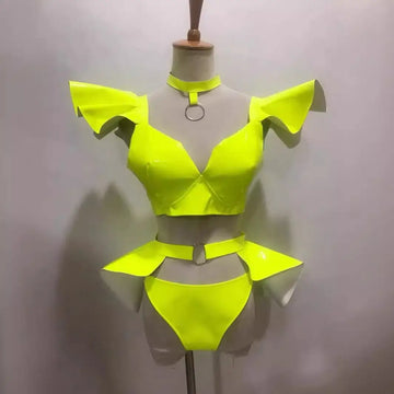 Bright neon yellow latex two-piece prom dress with ruffled straps and peplum waistband from RoyalEssenceLux stylish prom dresses