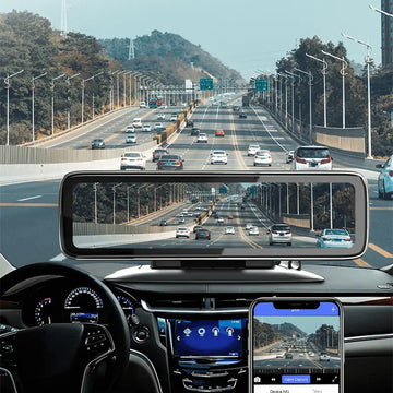 Black rectangular car rearview mirror with integrated camera and display screen from RoyalEssenceLux ultimate dash cam collection