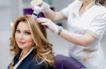 White handheld hair treatment device with black accents from royalessencelux ultimate hair care essentials collection