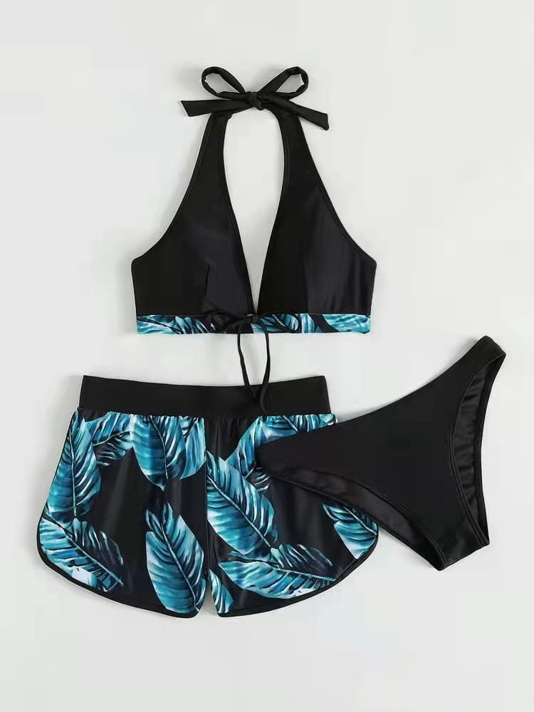 black halter top leaf print bikini set with teal leaf design and matching high-waisted shorts fashion summer 3pcs leaf print beachwear