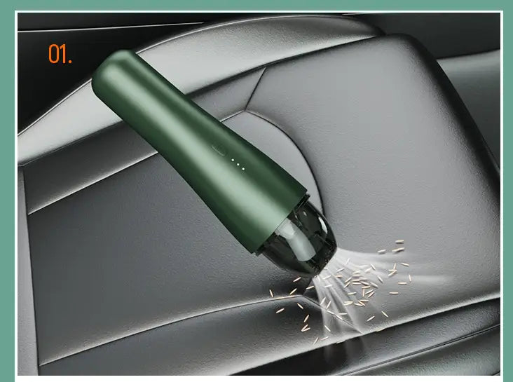 A sleek dark green wireless vacuum cleaner with a transparent nozzle is shown in use on a car seat for car and household cleaning.
