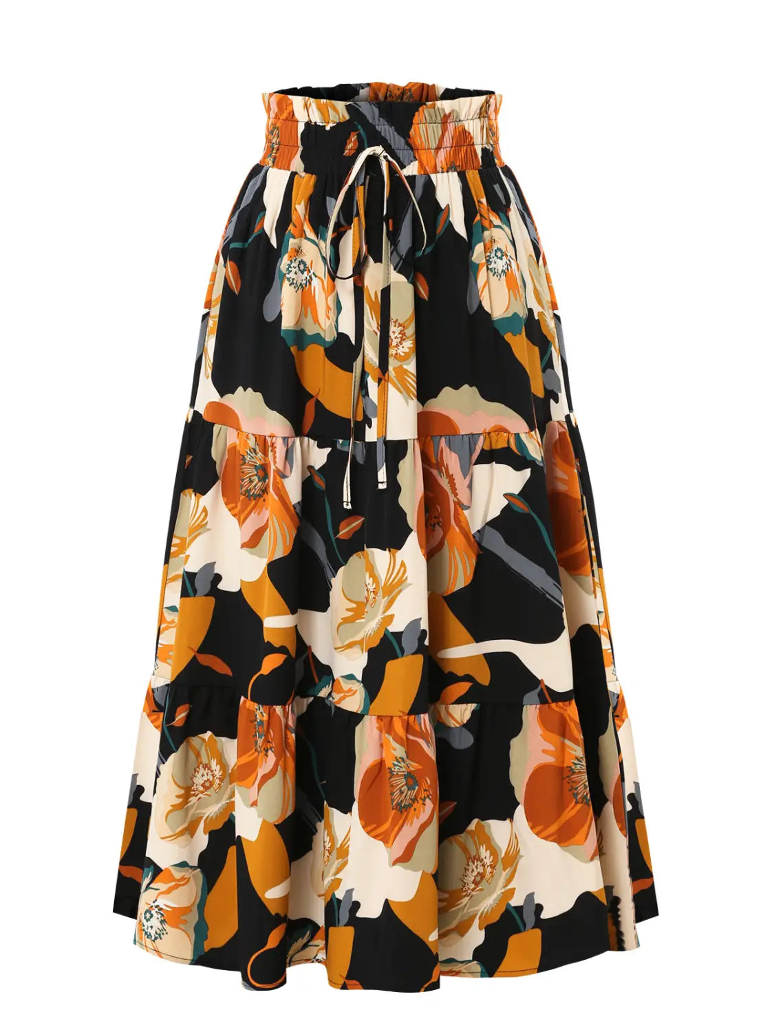 A tiered pleated floral print midi skirt in cream black and orange with a floral print elastic drawstring waistband.