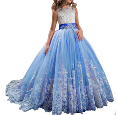 lavender tulle lace wedding dress for children featuring a shimmering light blue clothing lace wedding gown with a fitted bodice, voluminous skirt, and ornate royal blue sash at the waist in the united states