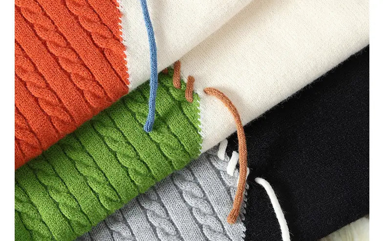 stacked knitted ins colorblock pullover sweaters in vibrant orange green gray and black featuring cable-knit patterns for pullover sweater winter fashion.