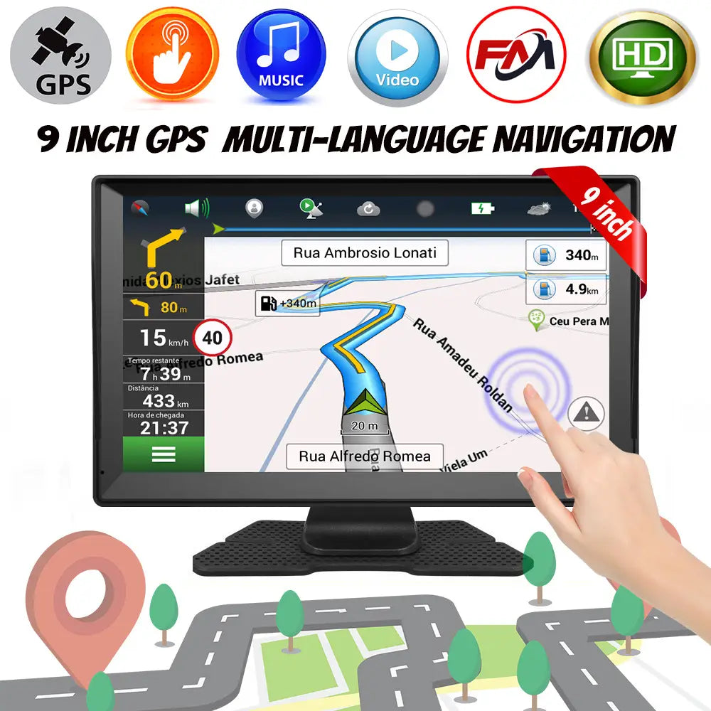 9-inch navigator car portable GPS navigation screen in black with touchscreen interface displaying map and route guidance for car portable truck use.