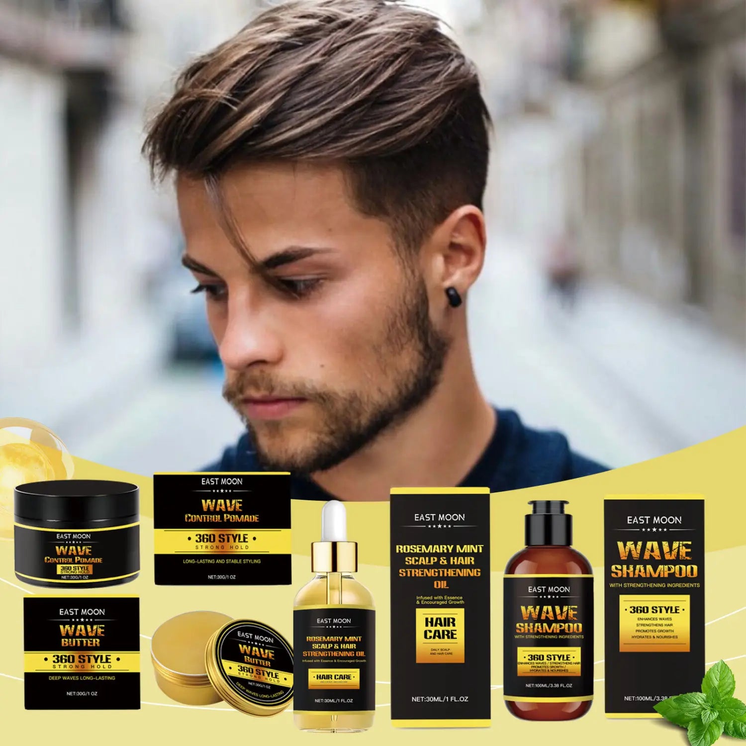 East moon wave control pomade in a sleek black jar with gold accents and bold white lettering designed for men’s hair care shaping wave collection set.