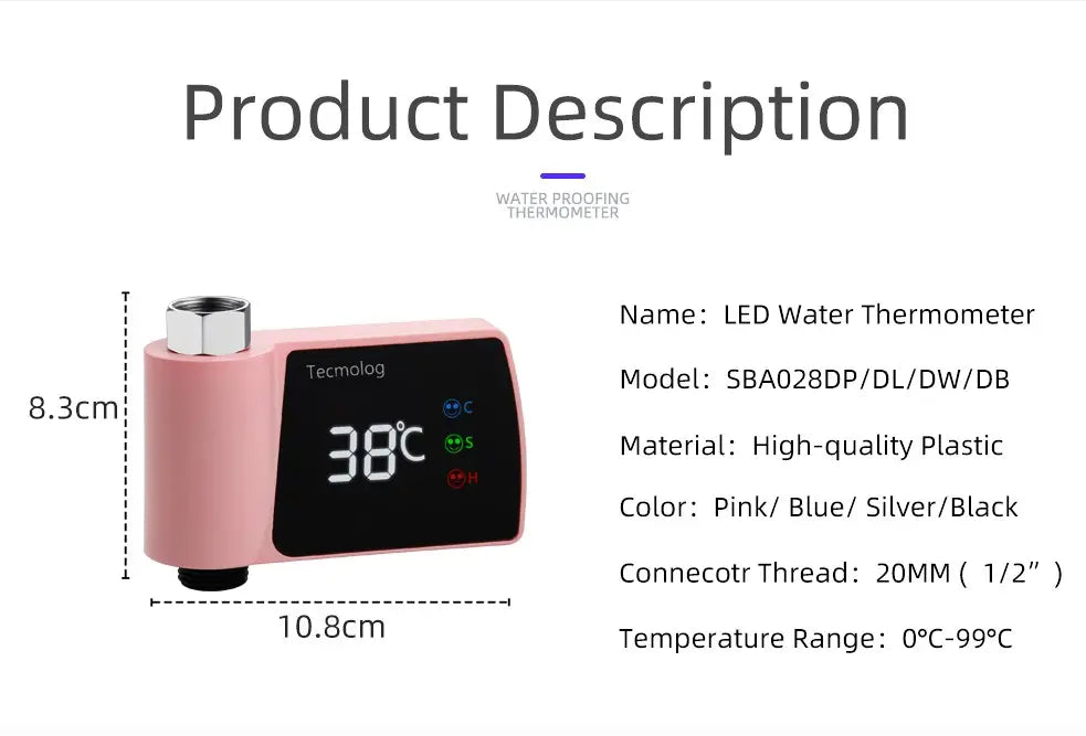 Digital plastic visual shower faucet water thermometer in pink with a digital display showing 38°c, featuring high-quality plastic construction and a silver threaded connector for power consumption water monitoring.