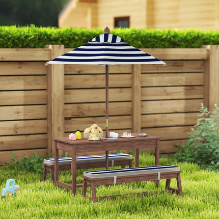 Outdoor Wooden Kids Picnic Table & Bench Set With Cushions And Umbrella, For Patio, Garden, Navy Blue
