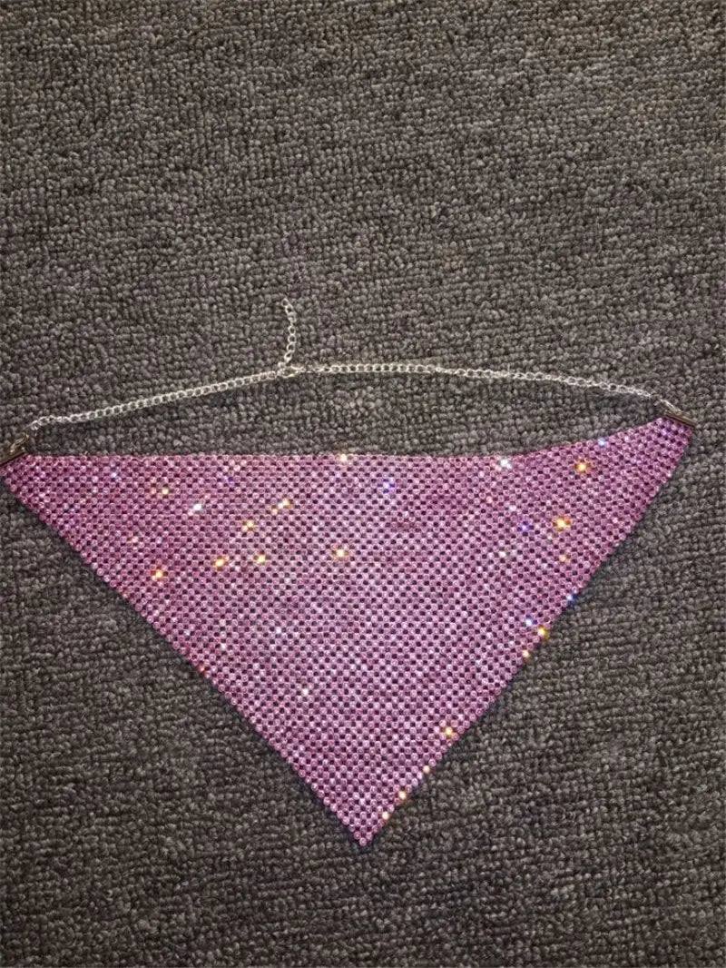 A shimmering purple rhinestone metal flash triangular mesh choker adorned with sparkling rhinestones and a delicate silver chain as metal flash jewelry.