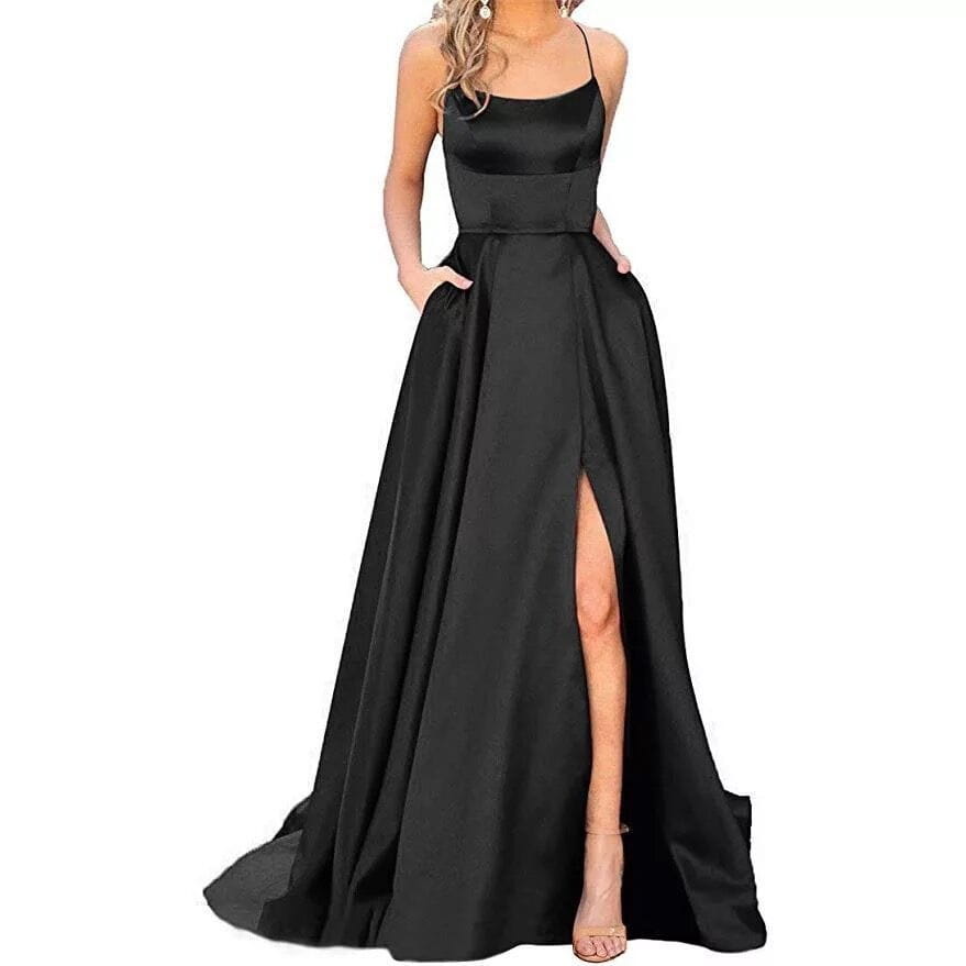 Elegant solid color long slimming purple satin evening gown featuring a square neckline, thin spaghetti straps, and a high slit.