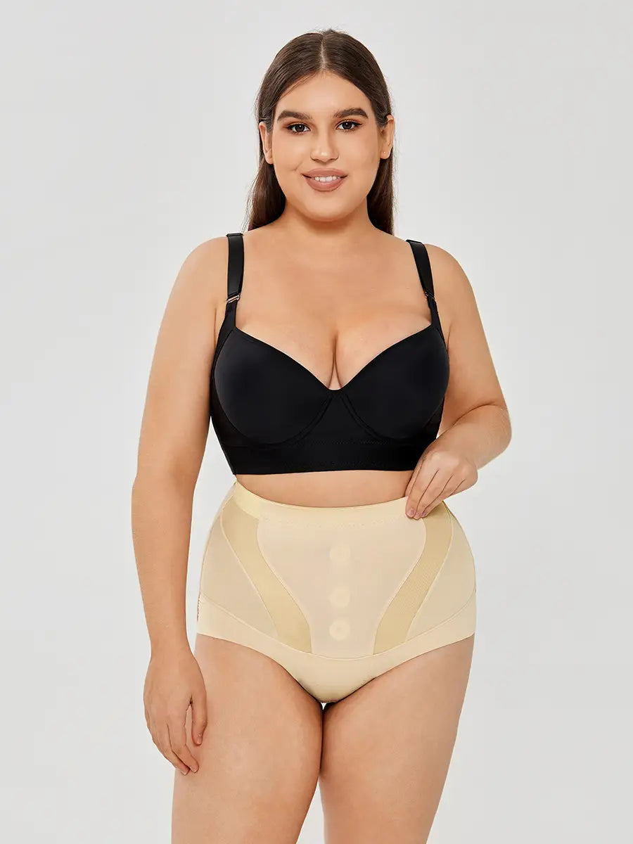 Beige womens tummy control high waist mesh body shaper panty with sheer mesh panels and a smooth, form-fitting design.