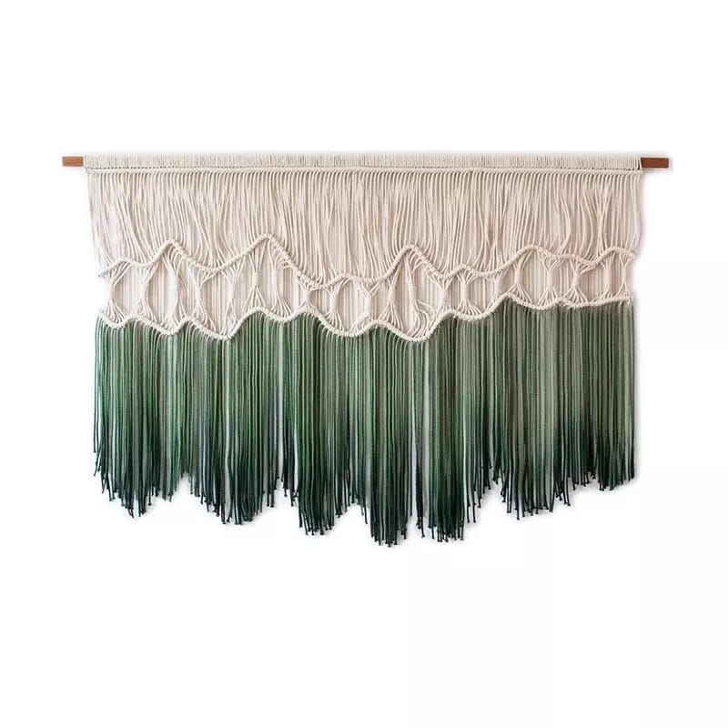 beige and green gradient macrame wall hanging featuring intricate woven patterns in a tapestry dyeing handmade design