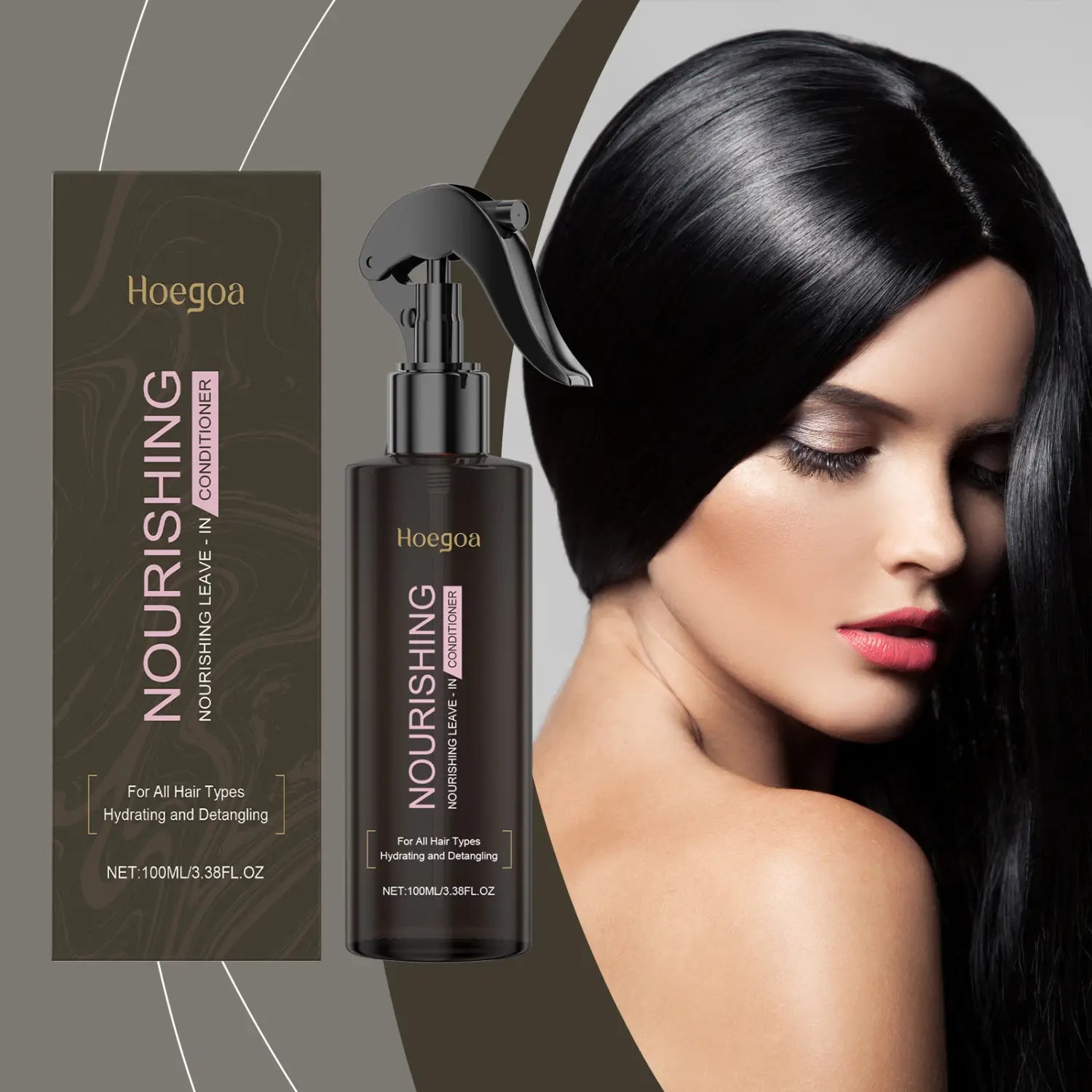 Black hoegoa nourishing disposable hair care leave-in spray bottle with a sleek matte finish and ergonomic trigger nozzle for hair care use.