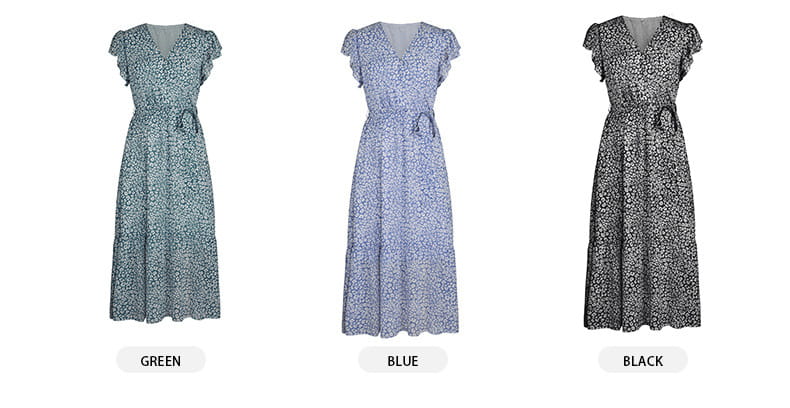 A women’s pastel floral summer dress with ruffle cap sleeves, available in green, blue, or black, featuring a wrap design with short flutter sleeves and a matching belt.
