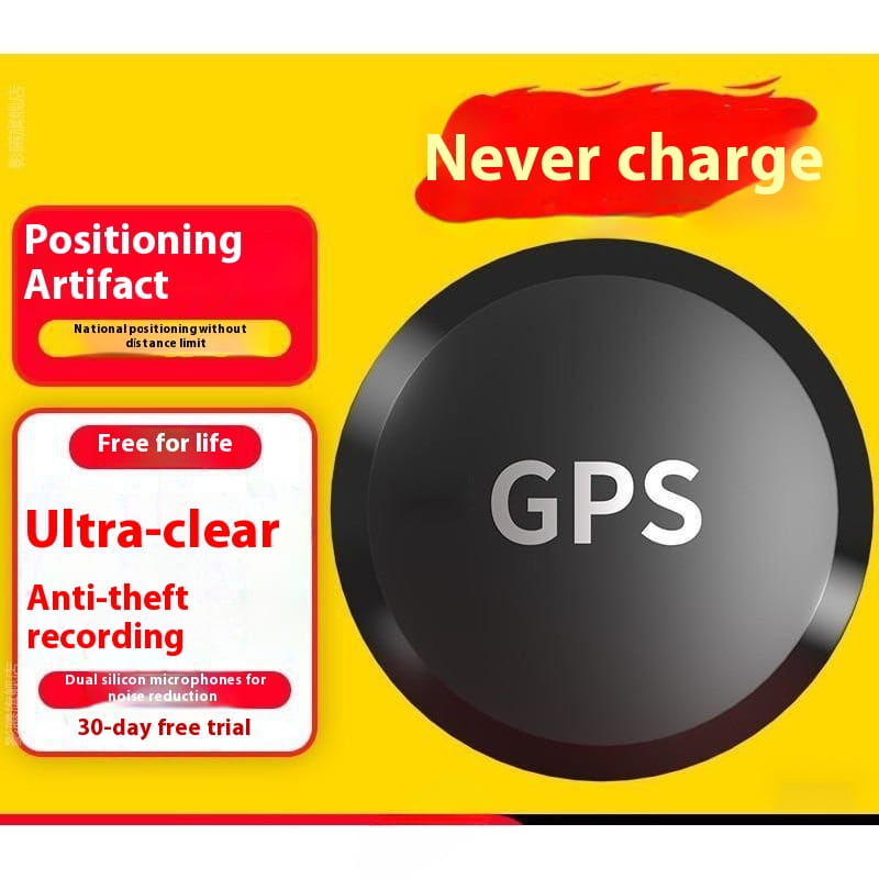 black circular gps car tracker with silver gps lettering featuring dual microphone recording for enhanced audio monitoring