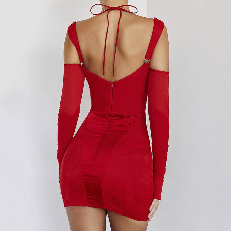 A vibrant red two piece sling tight dress fashion mesh set featuring a form-fitting mini dress with long sheer sleeves and a dress fashion backless tie detail.