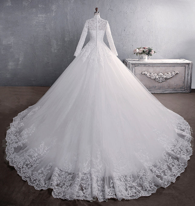 Lace Wedding Dress Bridal Stand-up Collar Long-sleeved Large Tail Large Size - Royalessencelux