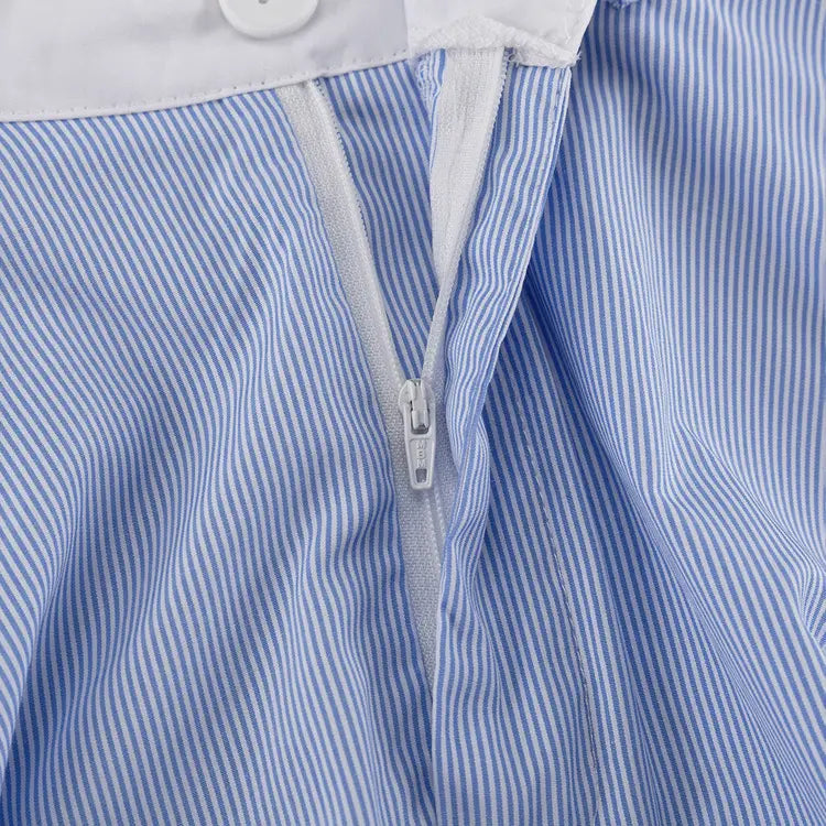 blue and white vertically striped cotton shirt with a white buttoned collar paired with lace splicing sling vest and big swing skirt set featuring splicing sling vest high quality material.