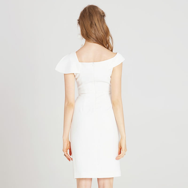 a sleek white split white dress featuring an off the shoulder design with ruffled cap sleeves and a fitted midi silhouette