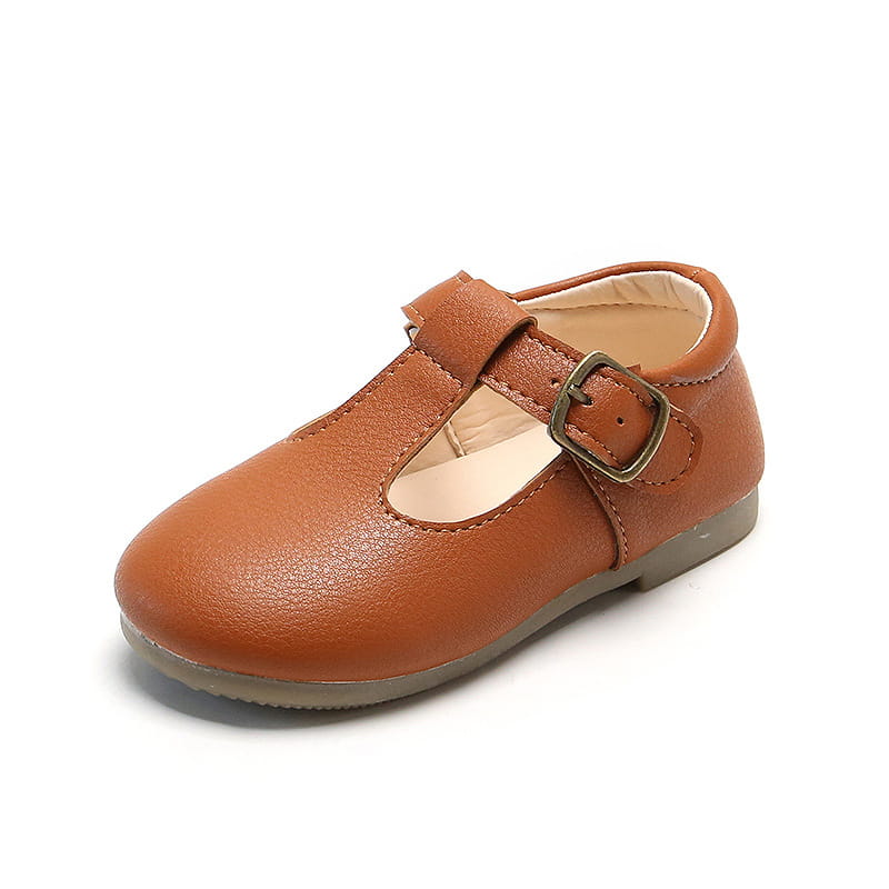 tan leather versatile single shoes for toddlers featuring a mary jane design with a buckle strap and light gray sole as versatile single shoes